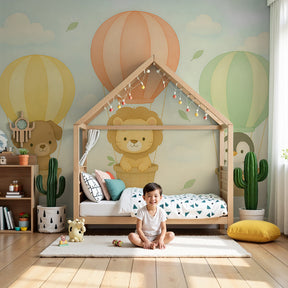 Hot air balloon animal mural wallpaper in modern nursery with soft pastels by Kids-Mundo