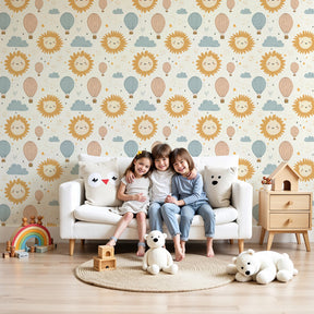 Hot air balloon mural wallpaper creating dreamy sky atmosphere in modern nursery by Kids-Mundo