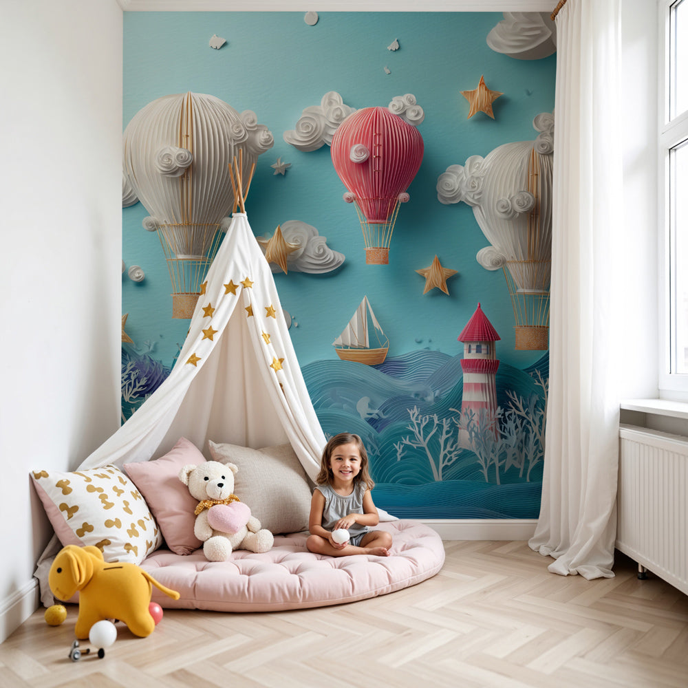 Hot air balloon mural wallpaper creating dreamy nursery decor with ocean and lighthouse theme by Kids-Mundo