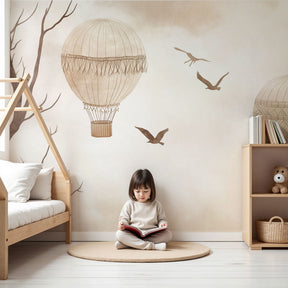 Vintage hot air balloon mural wallpaper creating serene beige nursery decor by Kids-Mundo