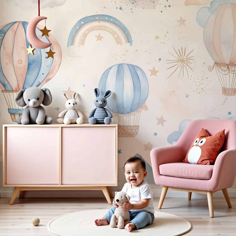Hot air balloon mural wallpaper in dreamy pastel nursery with crib and soft lighting by Kids-Mundo