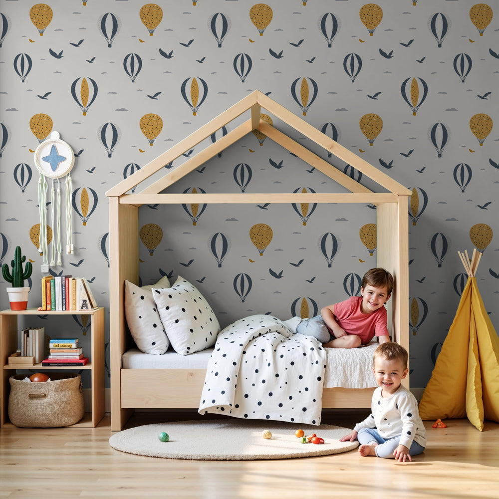 Hot air balloon mural wallpaper creating dreamy adventure nursery decor by Kids-Mundo