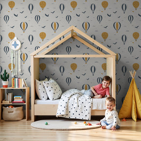 Hot air balloon mural wallpaper creating dreamy adventure nursery decor by Kids-Mundo