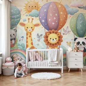 Hot air balloon animal mural wallpaper in bright nursery room with colorful decor by Kids-Mundo