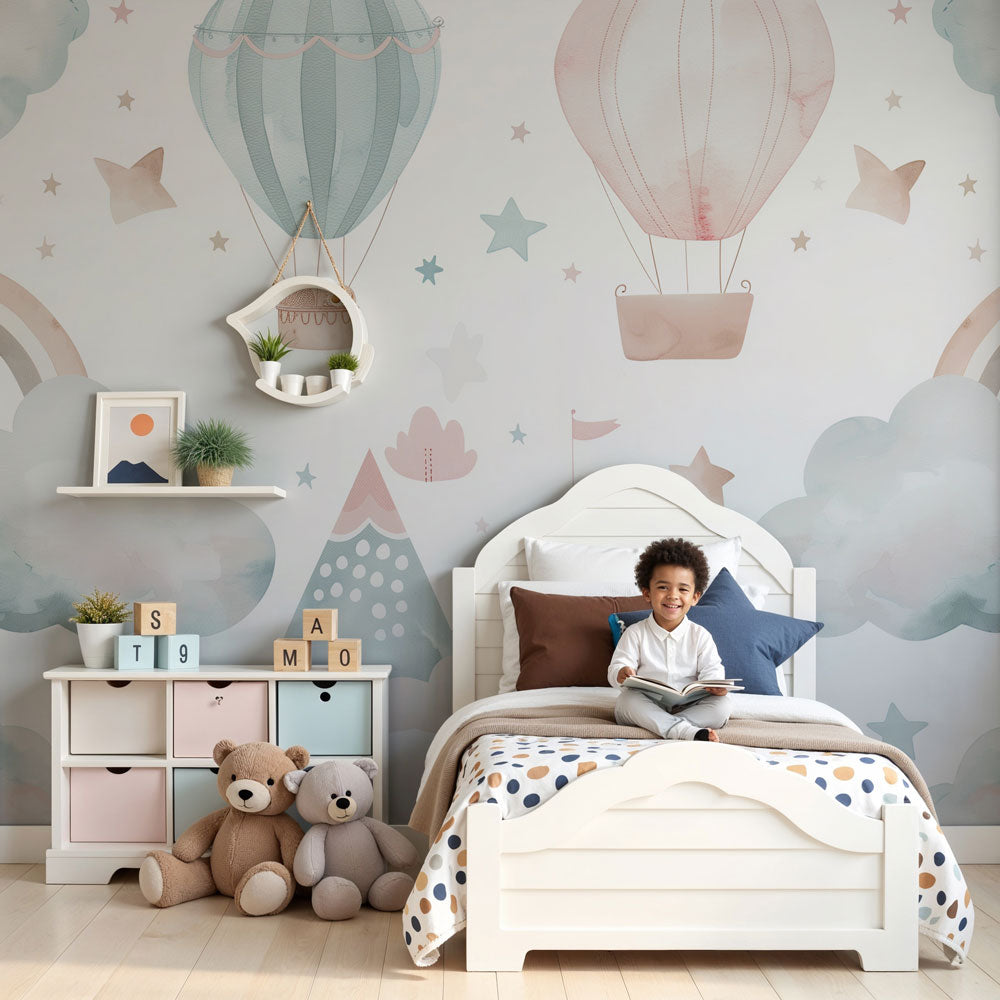 Pastel hot air balloon mural wallpaper creating dreamy nursery atmosphere by Kids-Mundo
