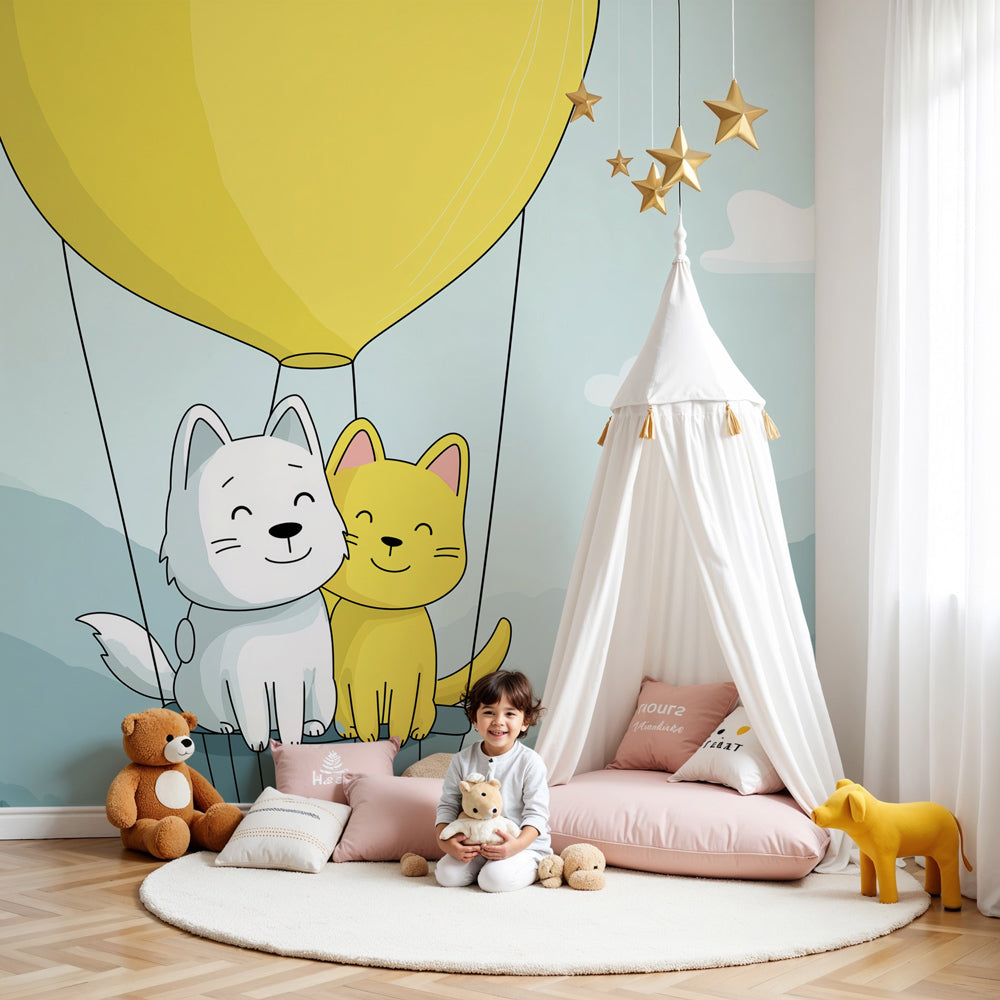 Hot air balloon mural wallpaper with dog and cat in modern nursery by Kids-Mundo