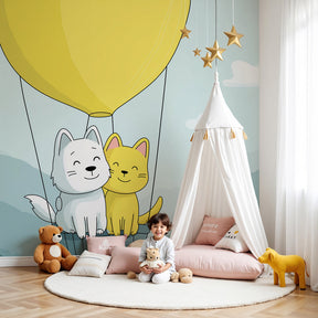 Hot air balloon mural wallpaper with dog and cat in modern nursery by Kids-Mundo