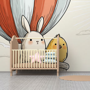 Colorful hot air balloon wallpaper with rabbit and chick for cheerful baby room by Kids-Mundo