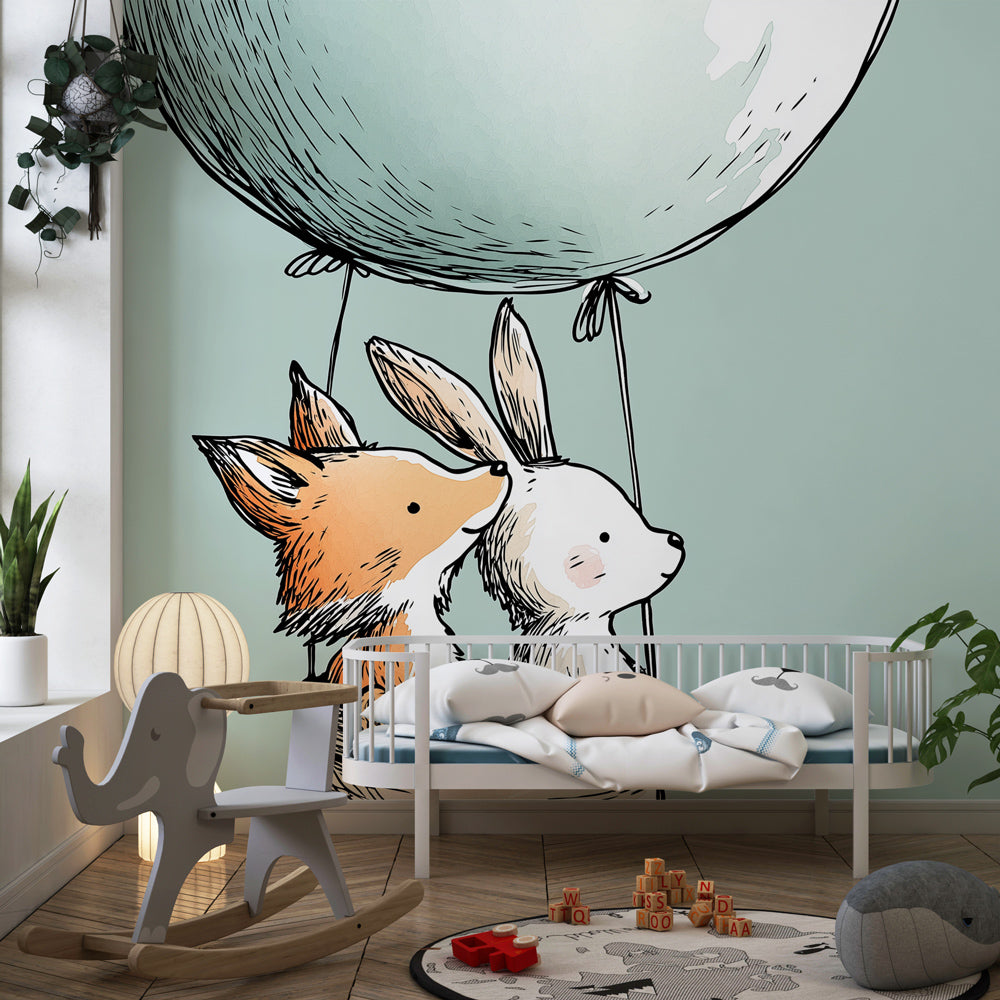 Whimsical animal balloon mural wallpaper with soft pastel colors for peaceful nursery decor