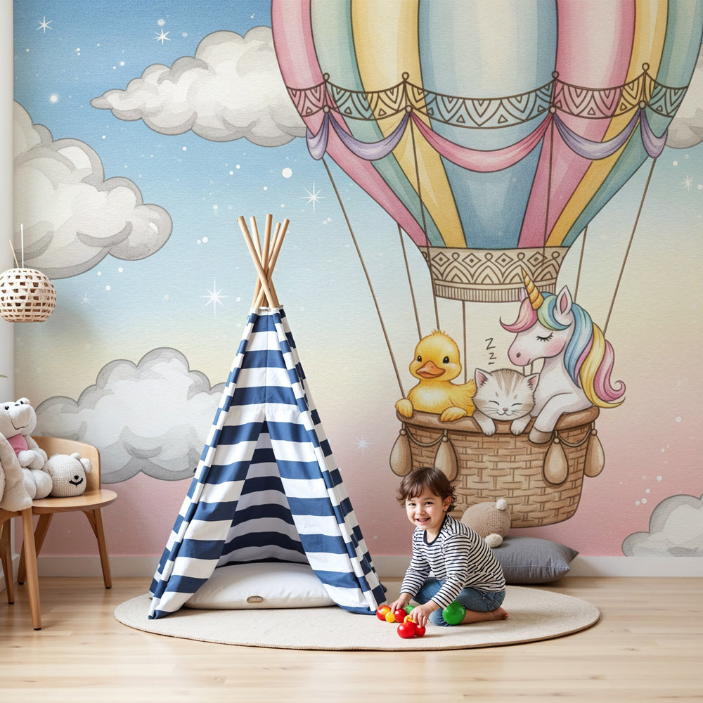 Hot air balloon mural wallpaper with animal friends in modern nursery by Kids-Mundo