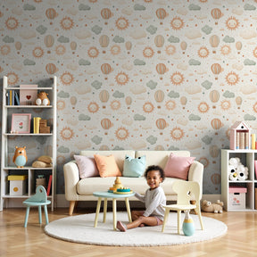 Hot air balloon mural wallpaper with smiling suns in modern nursery room by Kids-Mundo