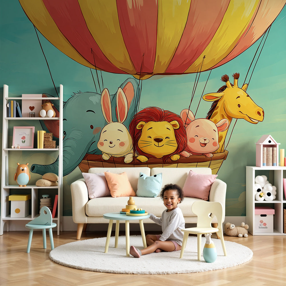 Hot air balloon adventure mural wallpaper in modern nursery with animals floating through clouds by Kids-Mundo
