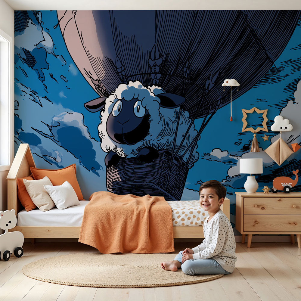 Hot air balloon mural wallpaper with lamb creating dreamy nursery atmosphere by Kids-Mundo