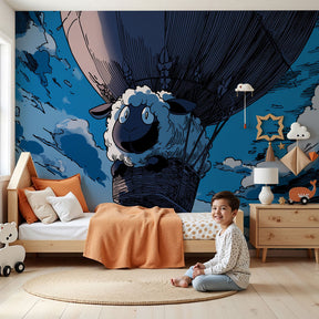 Hot air balloon mural wallpaper with lamb creating dreamy nursery atmosphere by Kids-Mundo