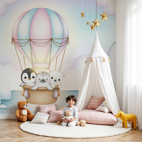 Hot air balloon arctic adventure mural wallpaper in modern nursery room by Kids-Mundo