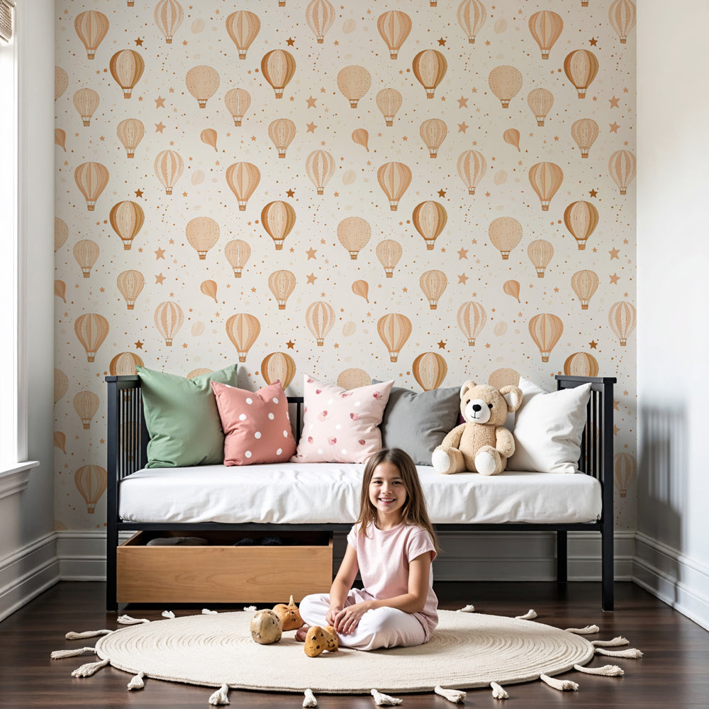 Hot air balloon mural wallpaper in beige tones decorating modern nursery room by Kids-Mundo