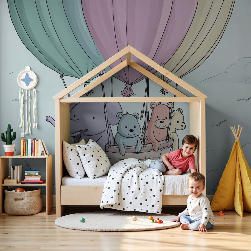 Hot air balloon mural wallpaper with animals in modern nursery room by Kids-Mundo