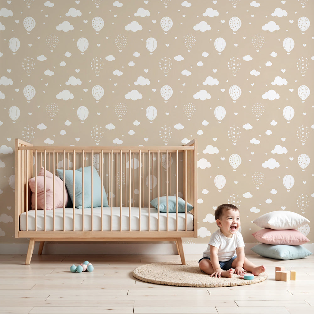 Hot air balloon mural wallpaper creating dreamy sky atmosphere in modern kids nursery by Kids-Mundo