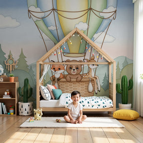 Hot air balloon mural wallpaper with woodland friends in modern nursery room by Kids-Mundo