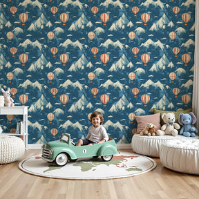 Hot air balloon mural wallpaper in modern nursery with Japanese mountain design by Kids-Mundo