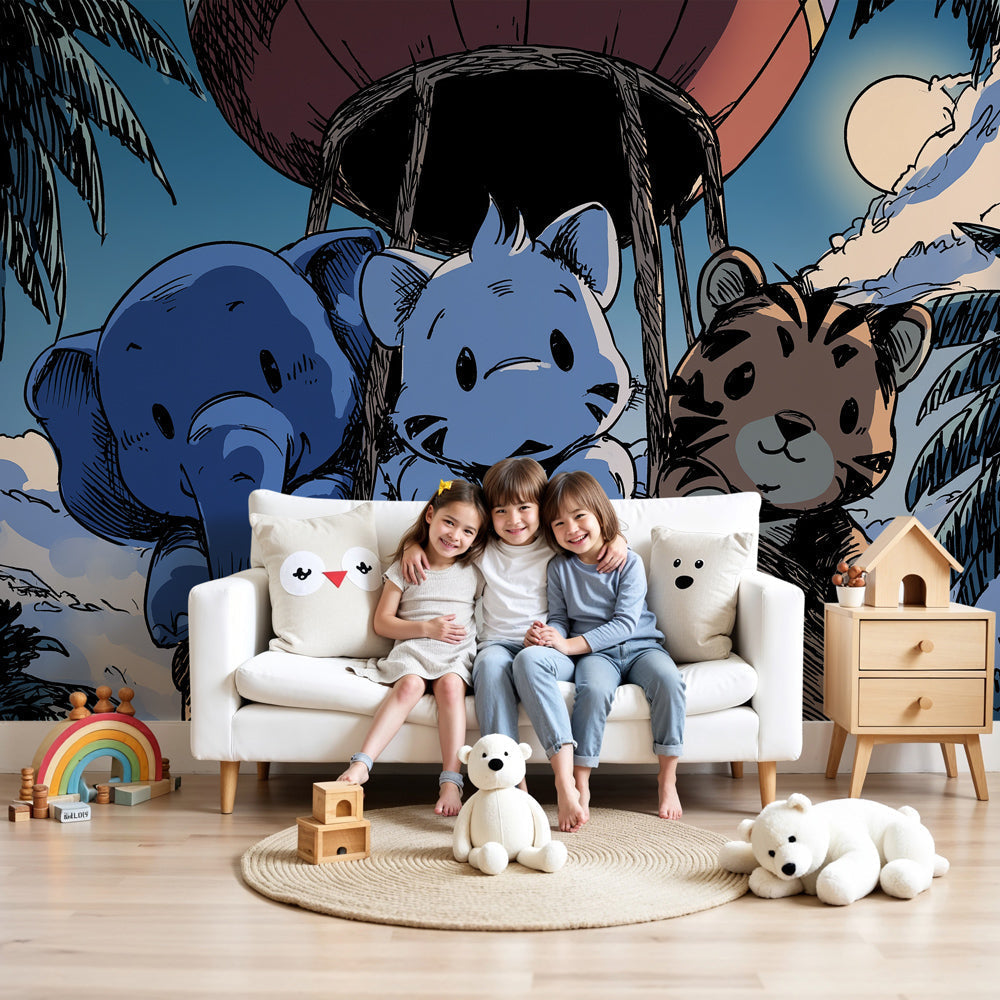 Hot air balloon animal mural wallpaper in modern nursery with wooden crib by Kids-Mundo