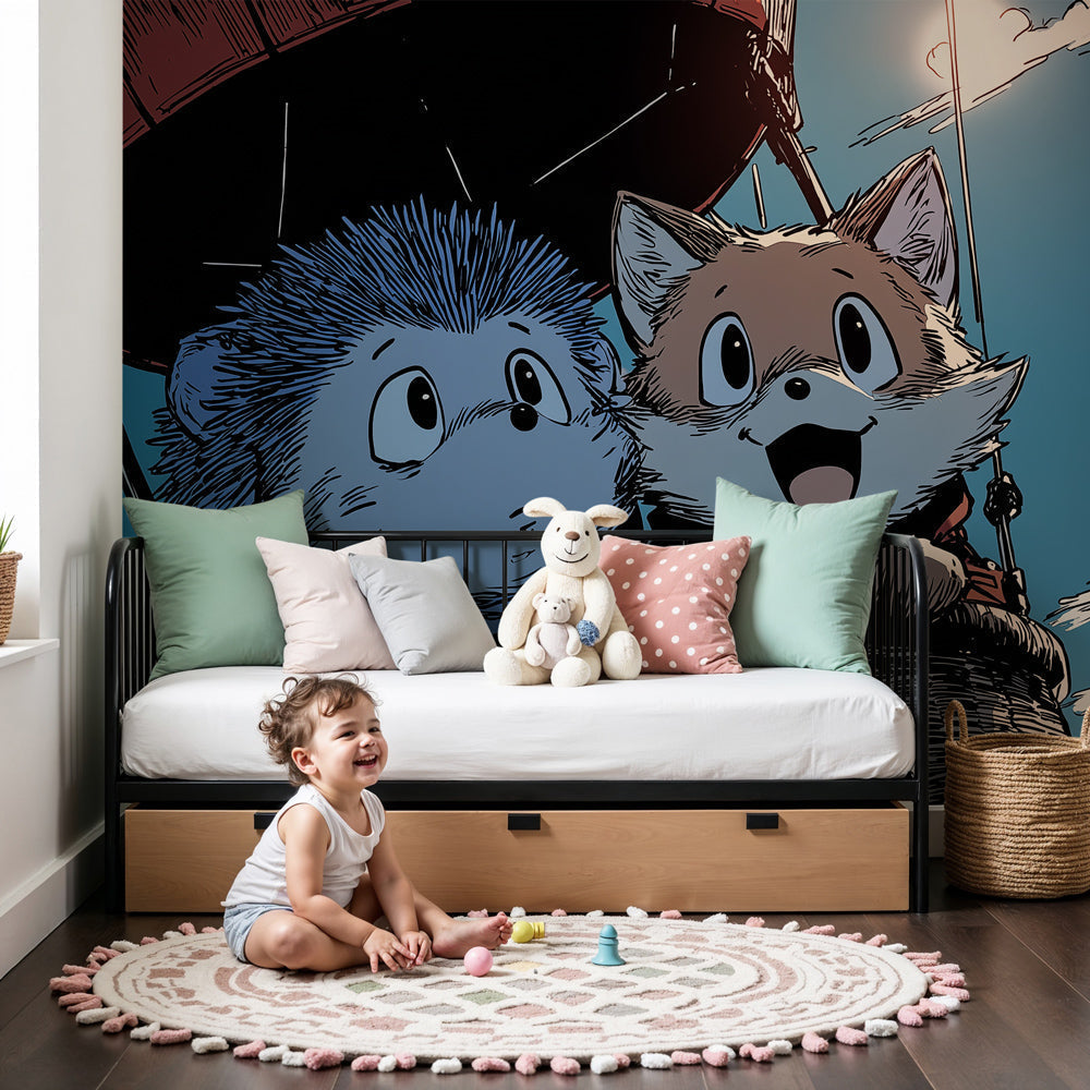 Hot air balloon animal adventure mural wallpaper in modern nursery setting by Kids-Mundo