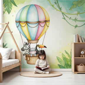 Hot air balloon jungle animals mural wallpaper in modern nursery room by Kids-Mundo