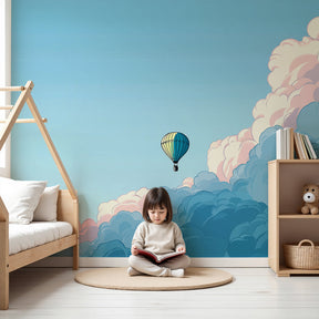 Hot air balloon mural wallpaper in modern nursery with soft pastel sky theme by Kids-Mundo