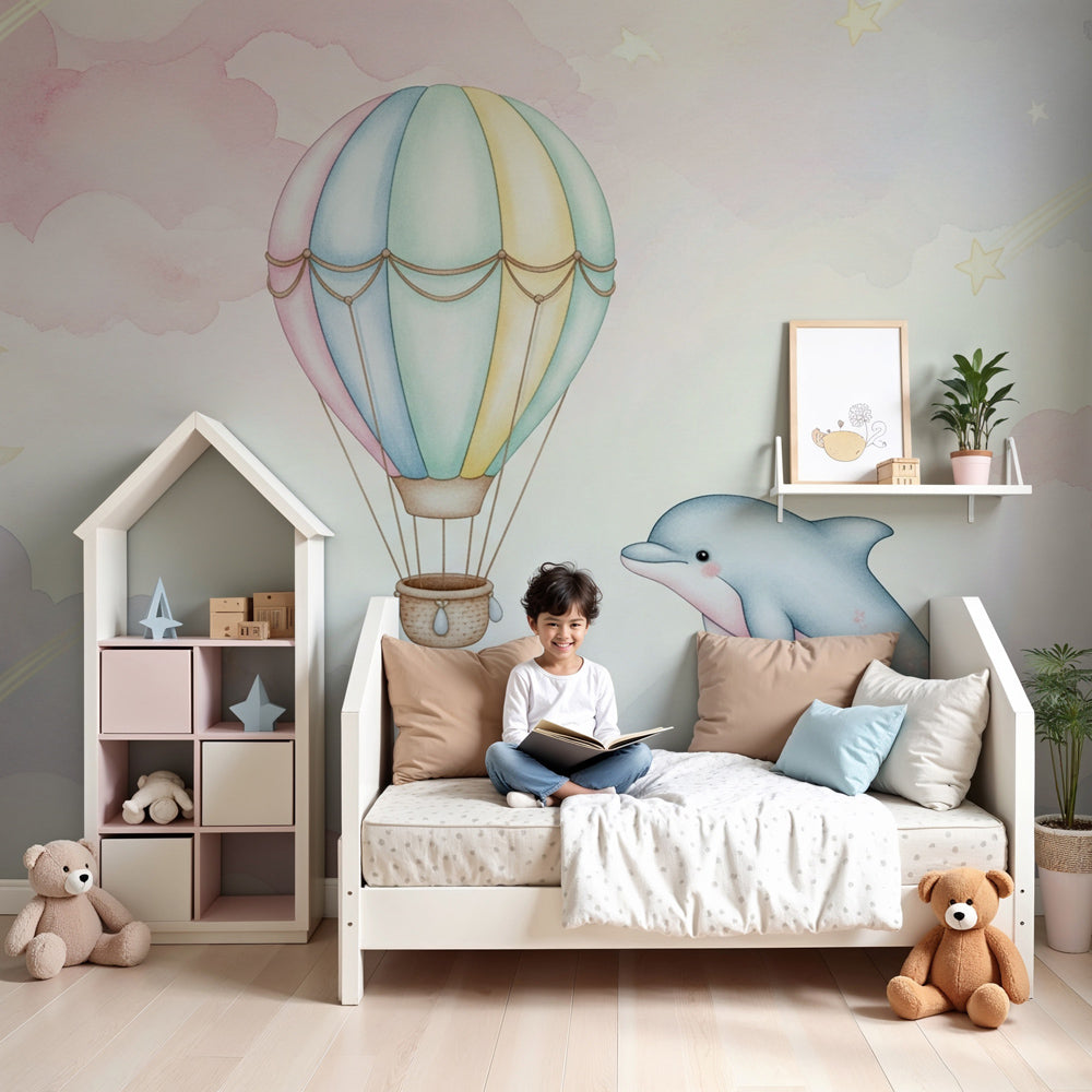 Hot air balloon and dolphin mural wallpaper in modern nursery room by Kids-Mundo