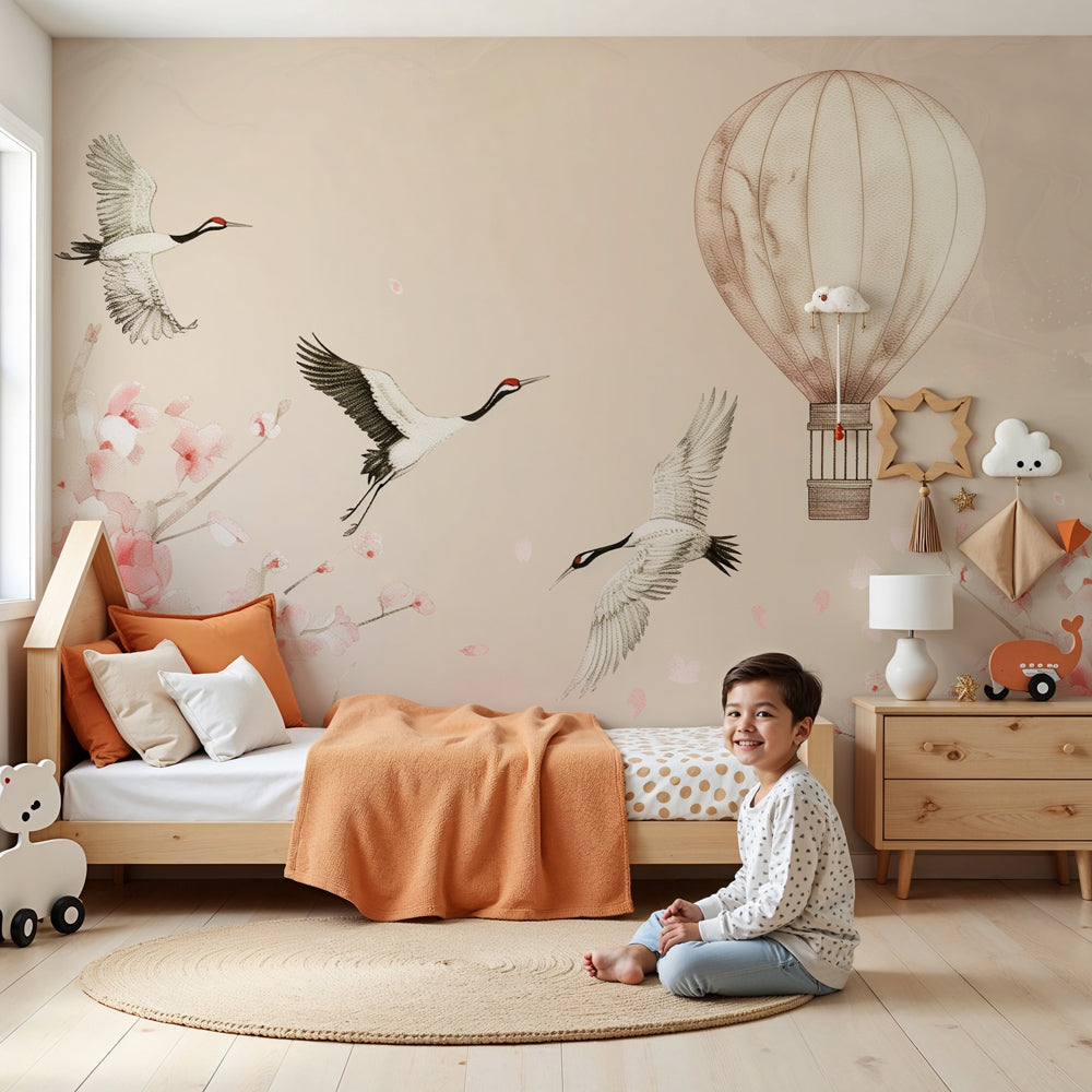 Hot air balloon and cherry blossom mural wallpaper in modern nursery room by Kids-Mundo