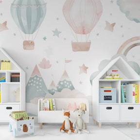Multicolored hot air balloon mural wallpaper in serene children's room setting
