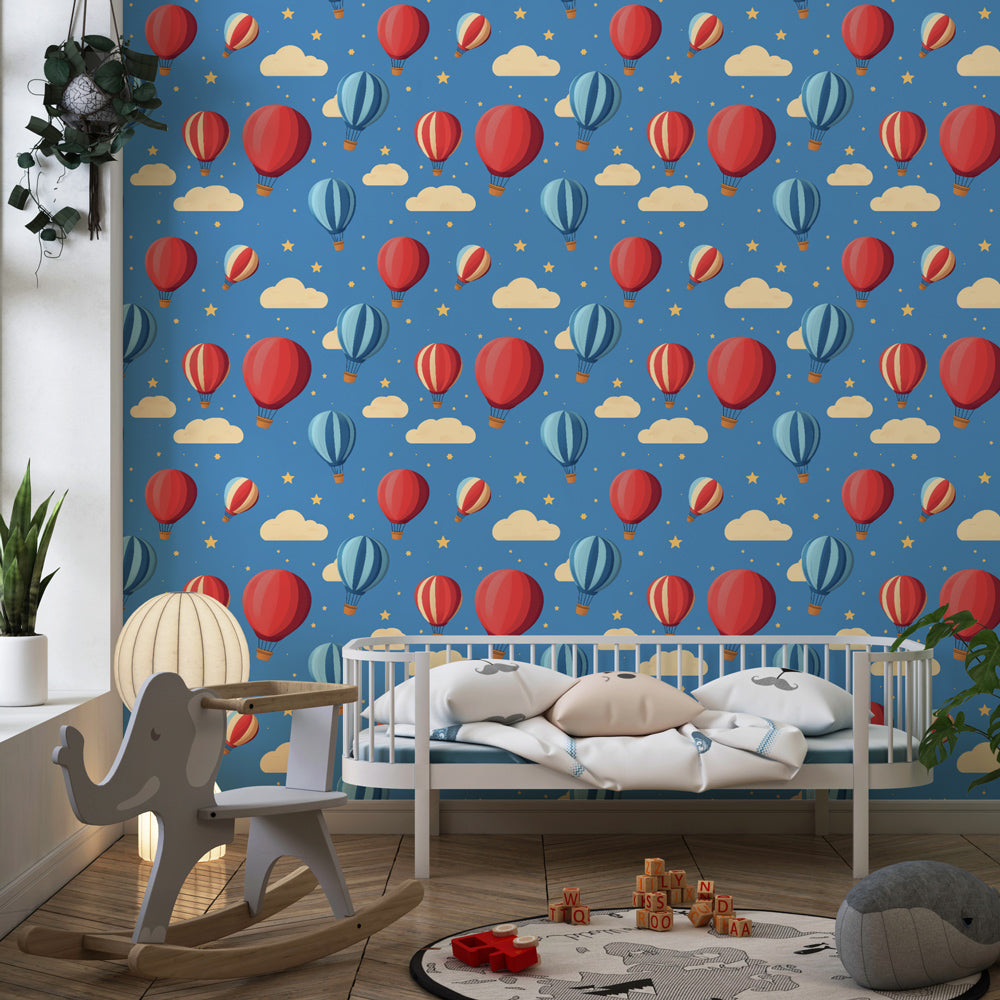 Adventure theme hot air balloon wallpaper in bright kids playroom setting