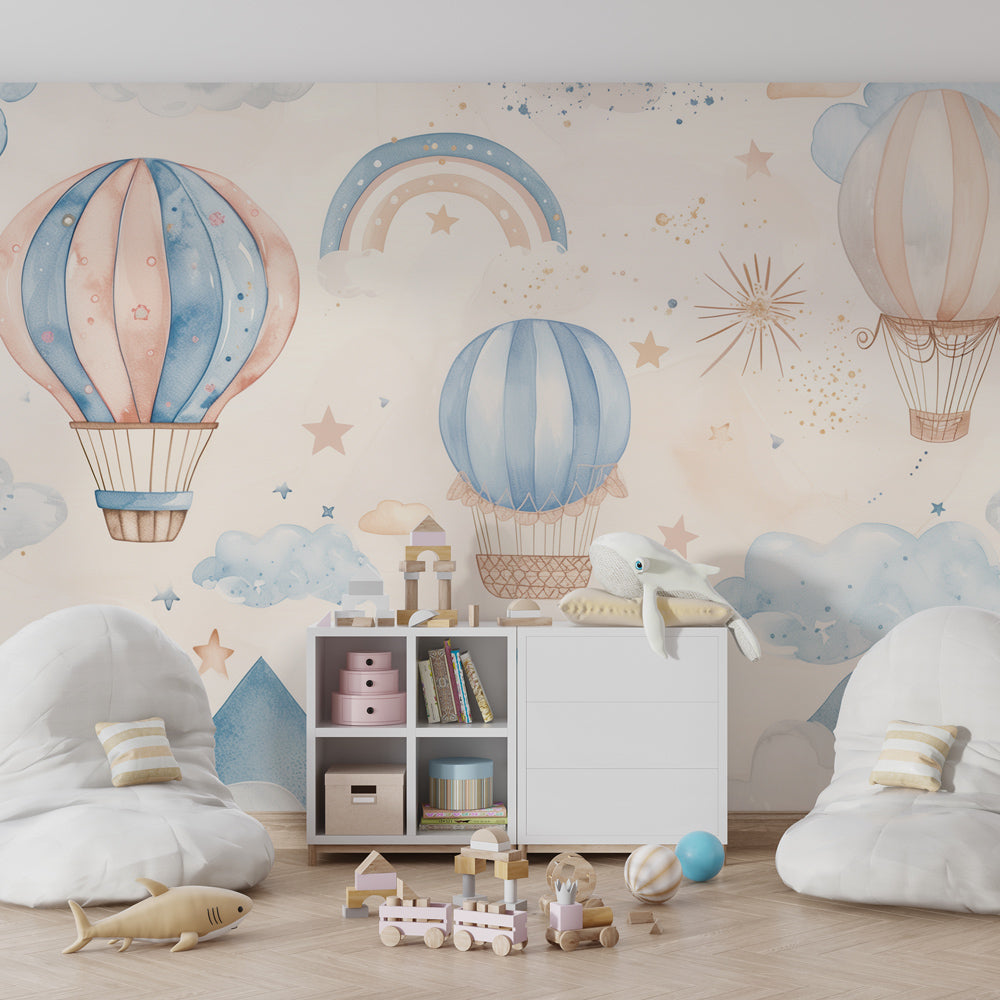Dreamy hot air balloon mural wallpaper transforming kids playroom with celestial theme