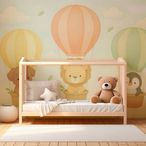 Whimsical hot air balloon wallpaper creating magical playroom atmosphere for kids