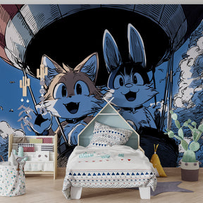 Whimsical hot air balloon mural wallpaper with fox and rabbit for children's playroom by Kids-Mundo