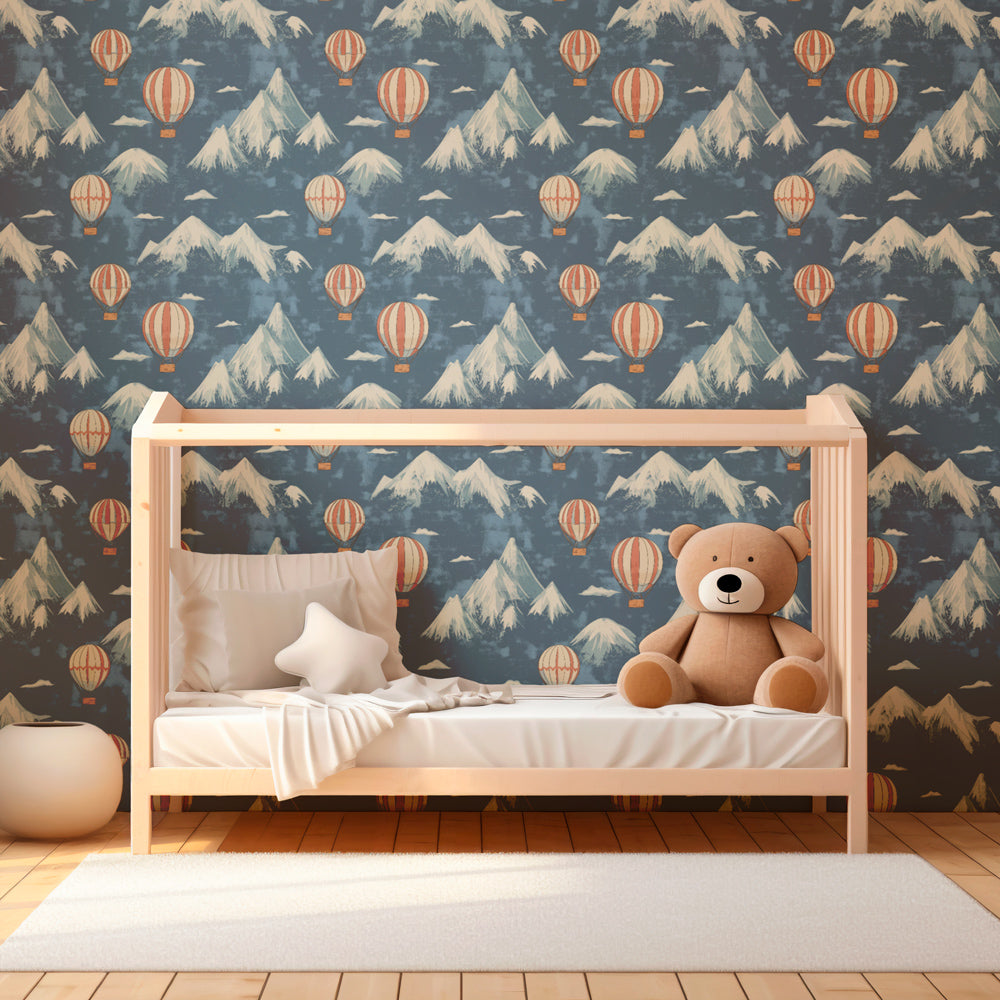 Japanese mountain balloon mural wallpaper transforming children's playroom into adventure space