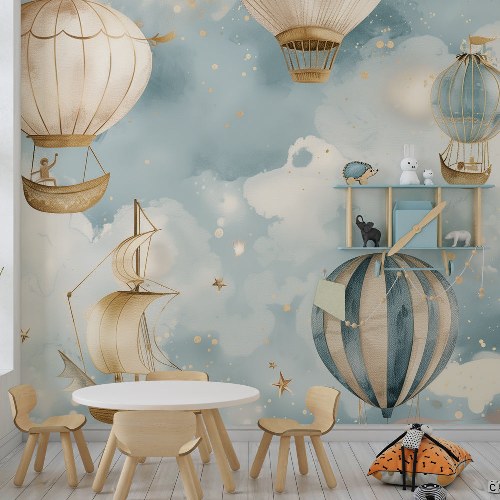 Starry night hot air balloon wallpaper transforming children's playroom into adventure space