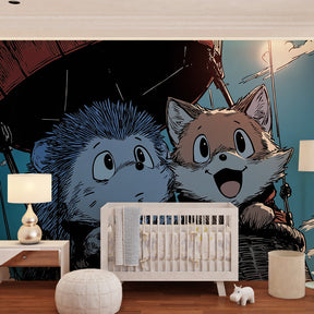 Whimsical hot air balloon mural wallpaper creating magical sky adventure in kids playroom