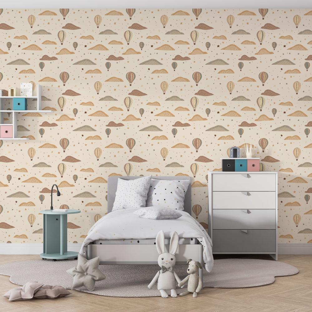 Adventure-themed hot air balloon mural wallpaper transforming children's playroom space