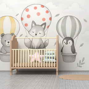 Whimsical hot air balloon mural wallpaper creating magical atmosphere in kids playroom