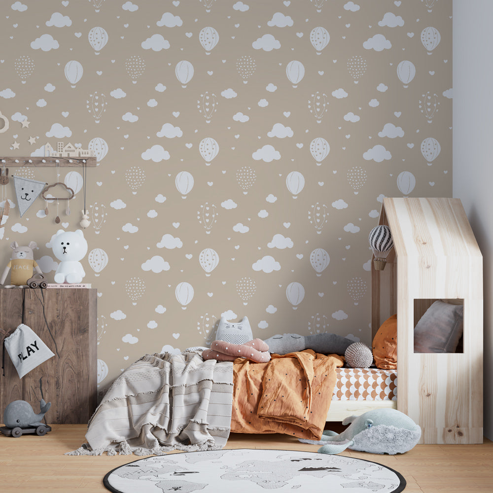 Sky-themed hot air balloon mural wallpaper transforming kids playroom with beige and white tones