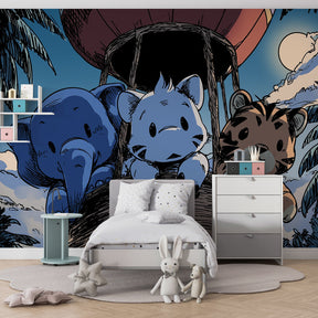 Whimsical balloon animal wallpaper transforming playroom with tropical sky adventure theme