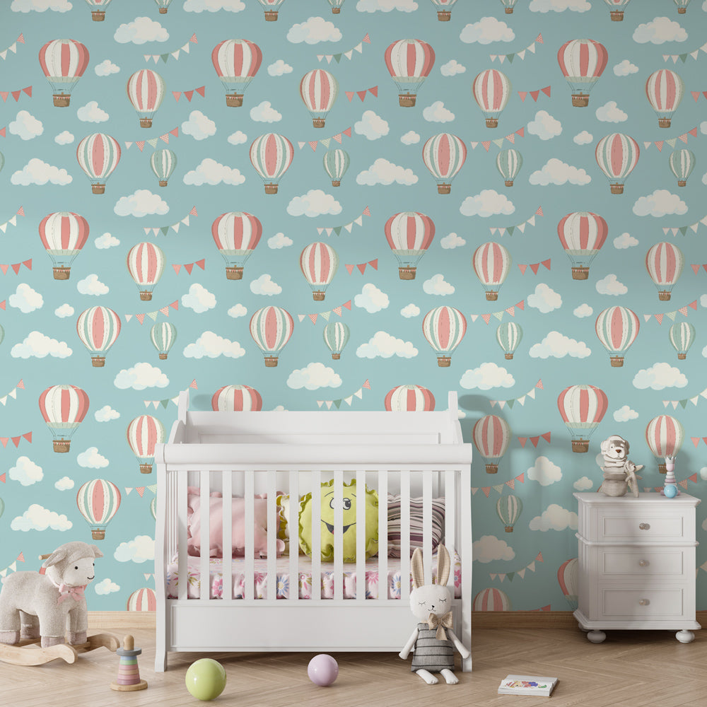 Sky adventure mural wallpaper featuring hot air balloons and clouds in bright children's playroom