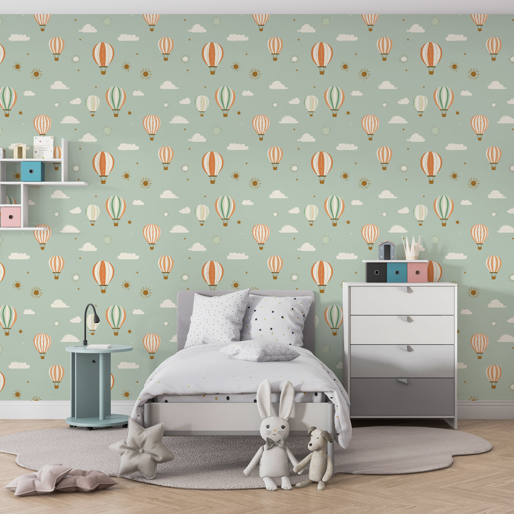 Sky adventure mural wallpaper transforming children's playroom with whimsical balloon theme