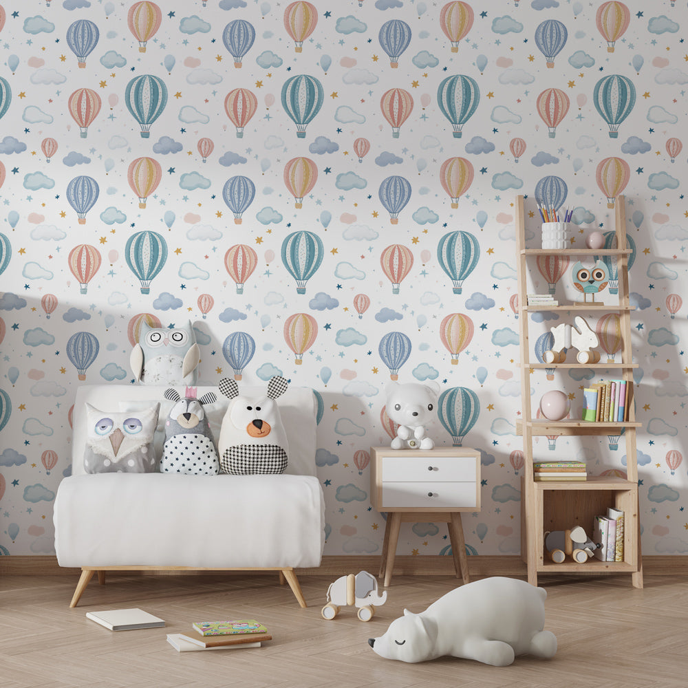 Whimsical hot air balloon mural wallpaper in bright kids playroom setting