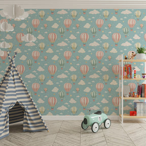 Sky adventure mural wallpaper with hot air balloons for modern kids playroom by Kids-Mundo