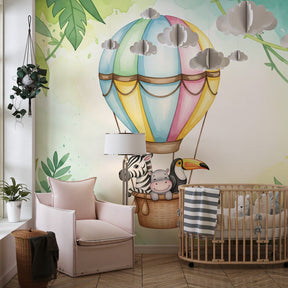 Whimsical animal balloon mural wallpaper transforming kids playroom into adventure space