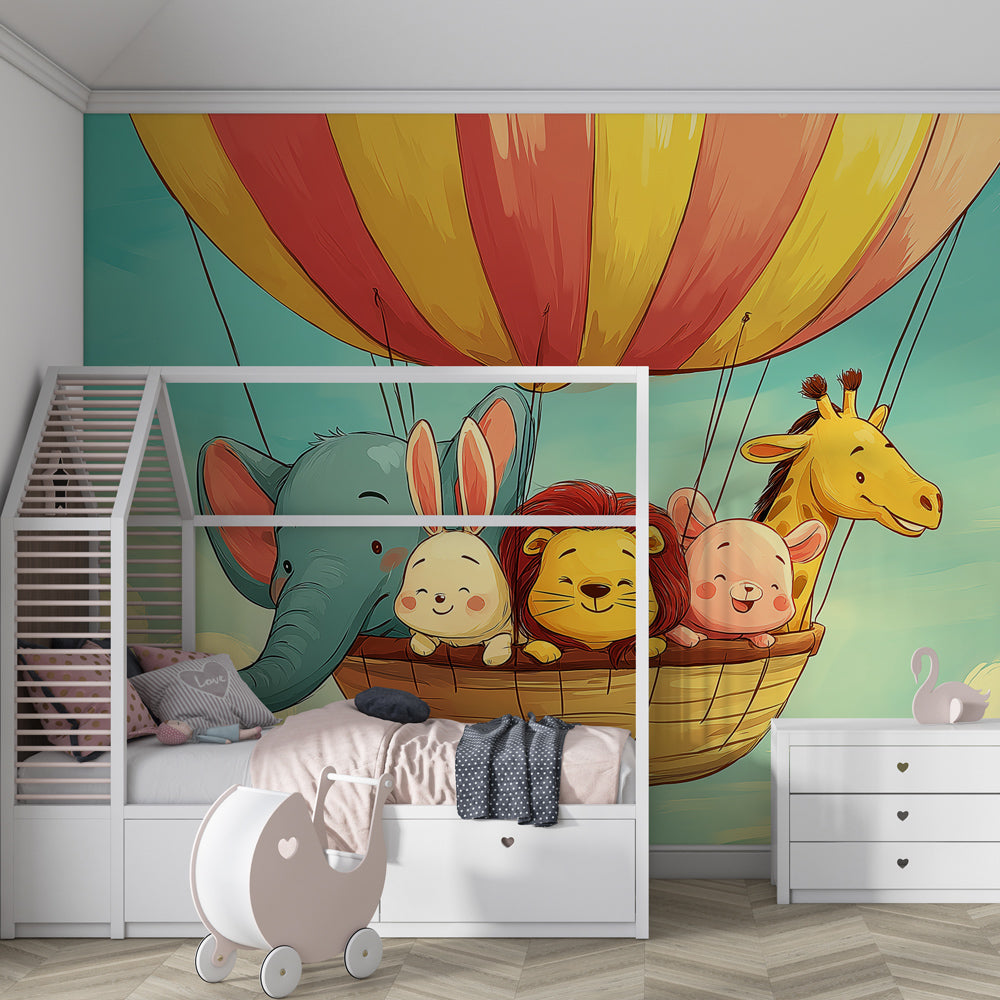 Playroom decorated with whimsical hot air balloon mural wallpaper showing animals on sky adventure