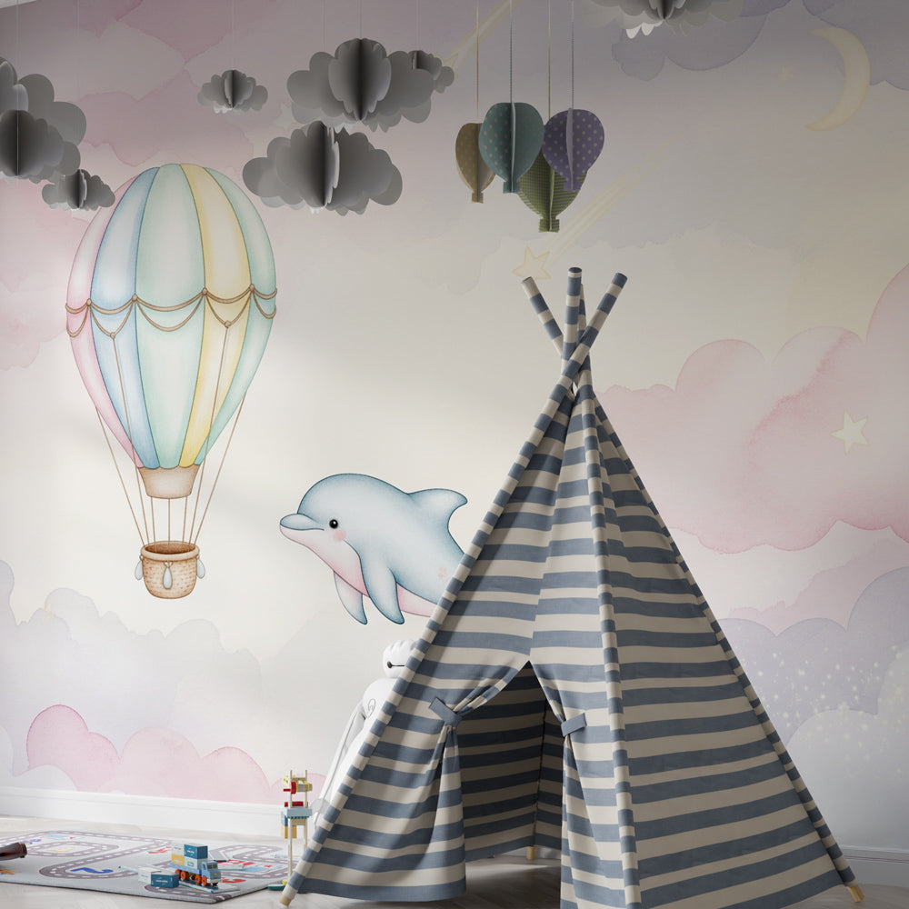 Whimsical balloon and dolphin wallpaper transforming kids playroom space