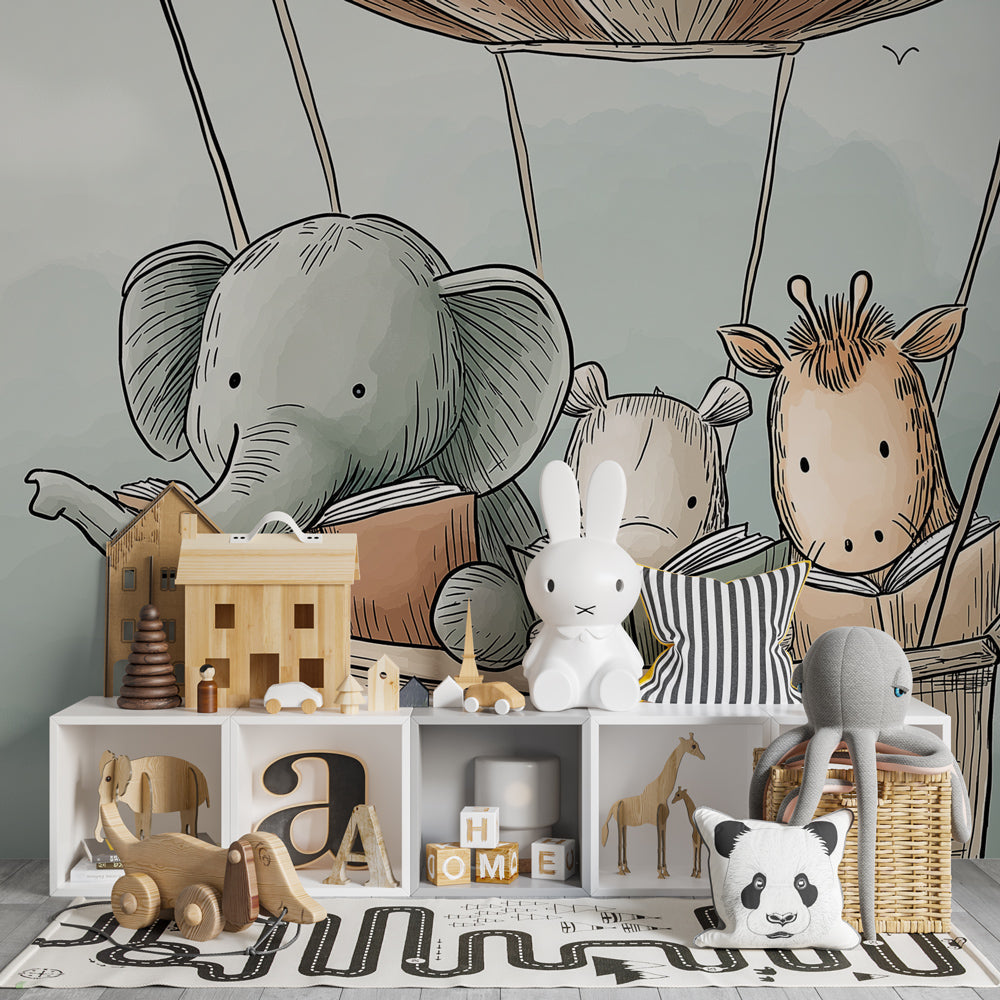 Children's bedroom with hot air balloon wallpaper creating magical reading corner atmosphere